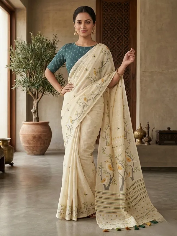 White_Pure_Linen_Premium_And_Elegant_Saree_For_Women