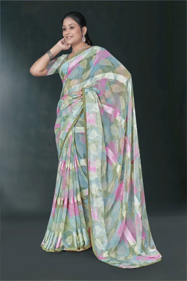 Floral_Print_Chiffon_Saree_With_Golden_Border