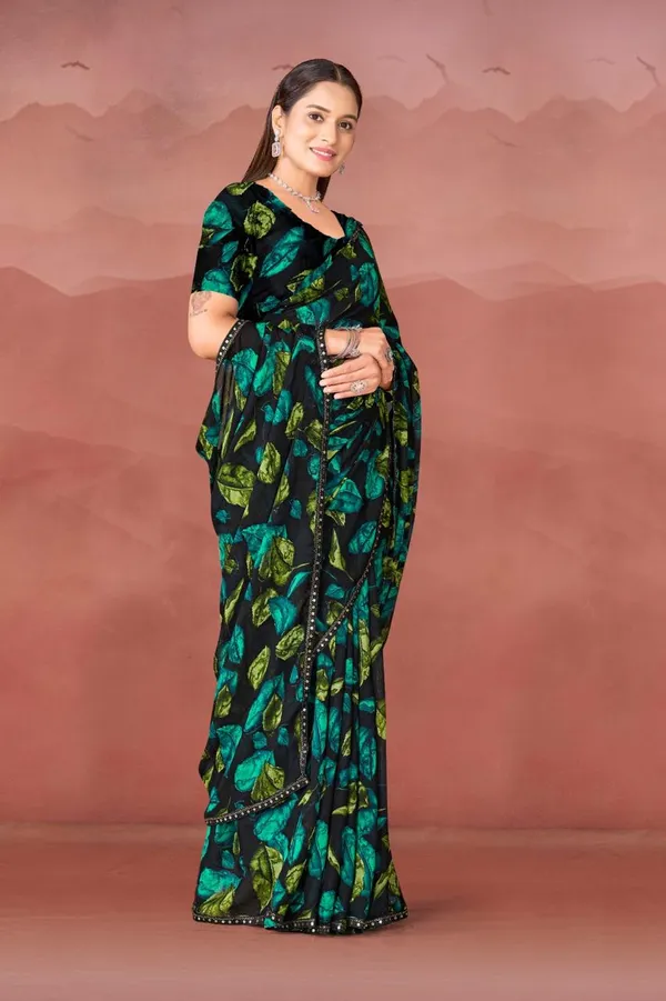 Black_Floral_Print_Georgette_Saree_With_Green_Leaf_Pattern