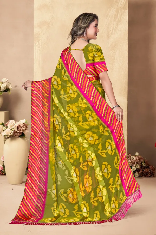 Vibrant_Green_And_Pink_Floral_Printed_Saree_With_Striped_Border