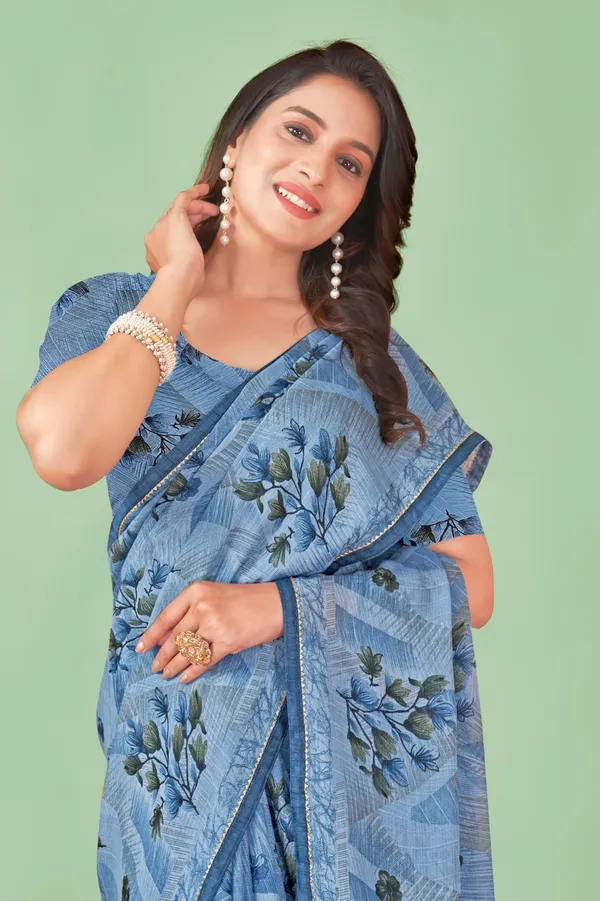Blue_Floral_Printed_Georgette_Saree_With_Designer_Blouse