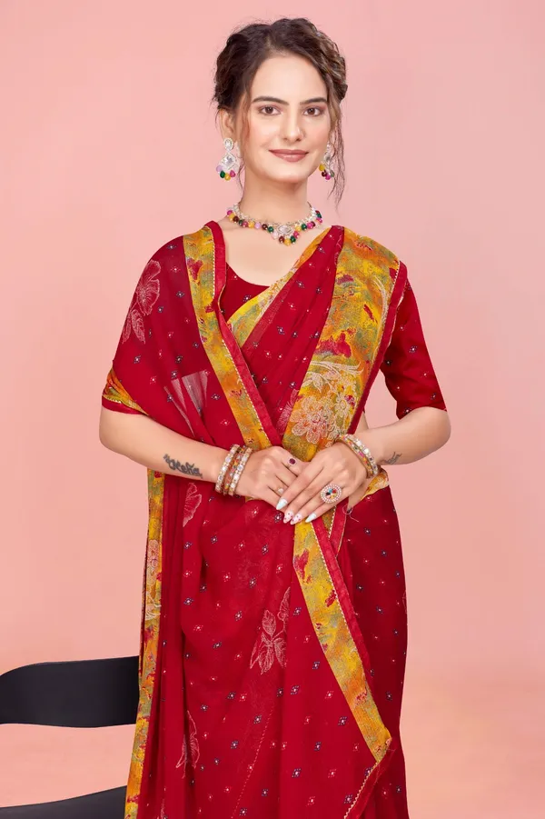 Red_Georgette_Saree_With_Golden_Zari_Border_And_Embroidered_Pallu