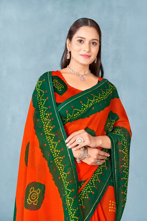 Orange_And_Green_Bandhani_Print_Saree_With_Embellished_Border