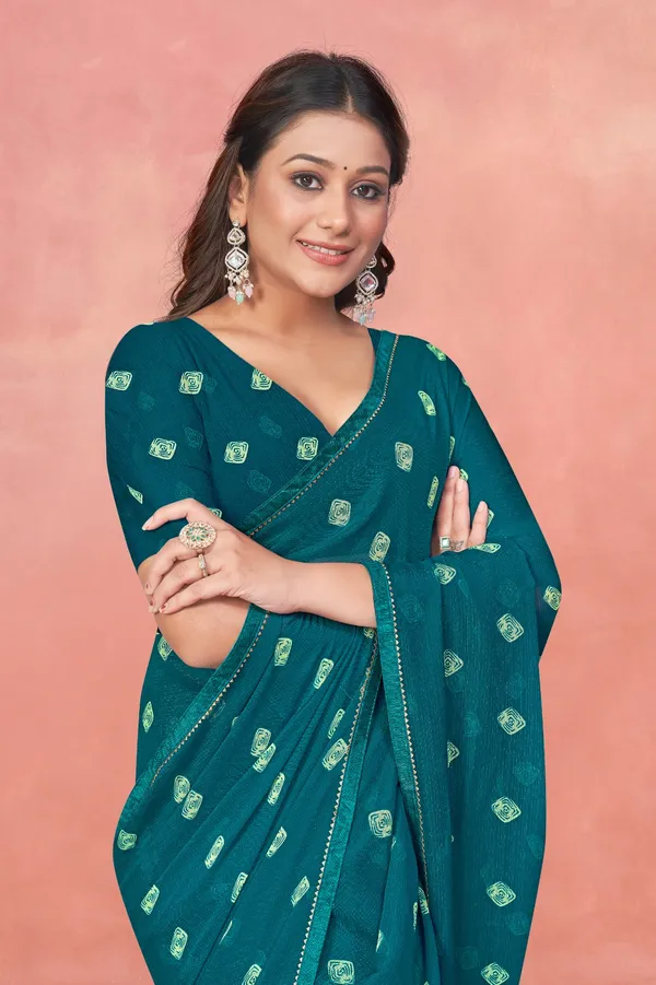 Teal_Green_Foil_Printed_Saree_With_Blouse