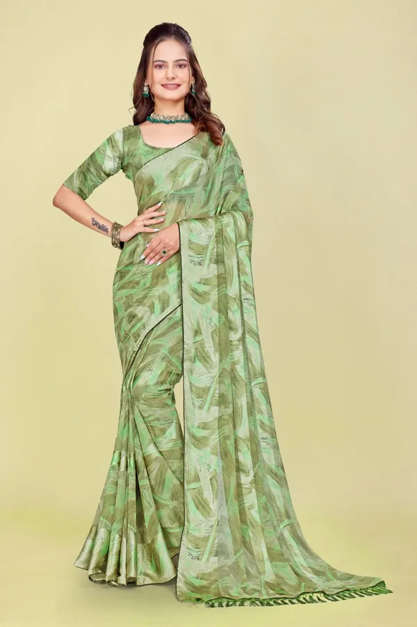 Elegant_Green_Printed_Chiffon_Saree_With_Matching_Blouse