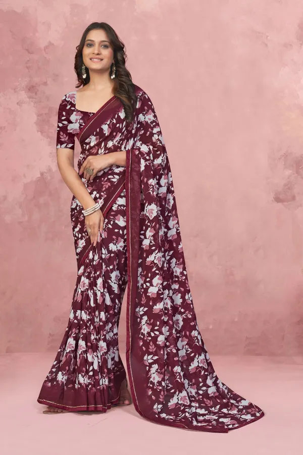 Maroon_Floral_Print_Saree_With_Matching_Blouse