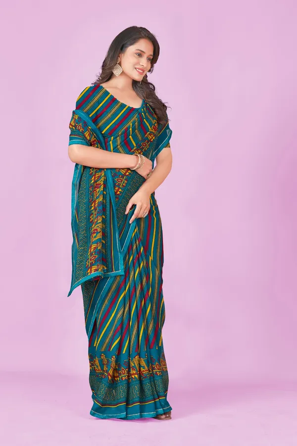 Teal_Multicolor_Striped_Printed_Saree_With_Blouse