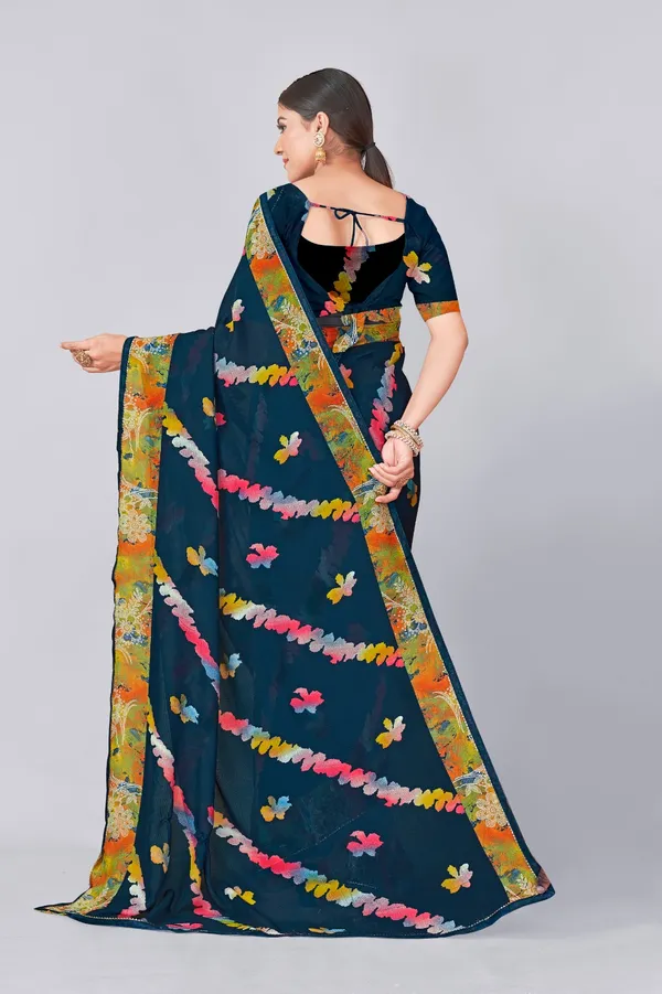 Dark_Teal_Floral_Printed_Georgette_Saree_With_Contrast_Border