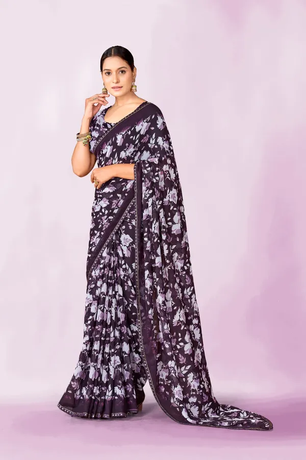 Dark_Purple_Floral_Print_Saree_With_Matching_Blouse