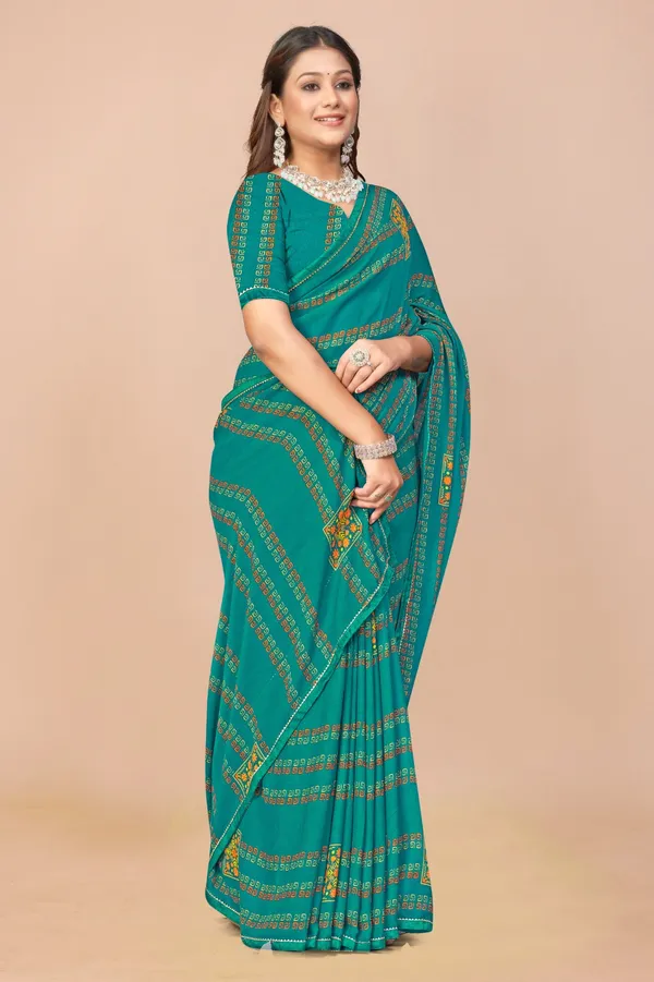Teal_Green_Bandhani_Print_Saree_With_Floral_Embroidered_Patches