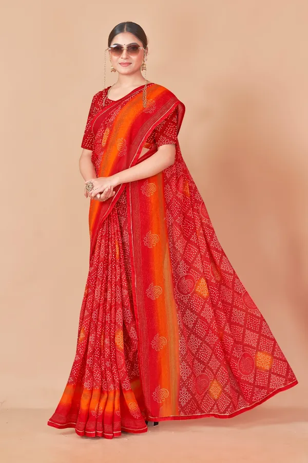 Red_And_Orange_Bandhani_Saree_With_Blouse