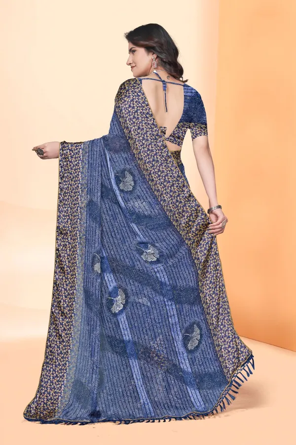 Blue_Georgette_Sequin_Border_Saree_With_Printed_Blouse