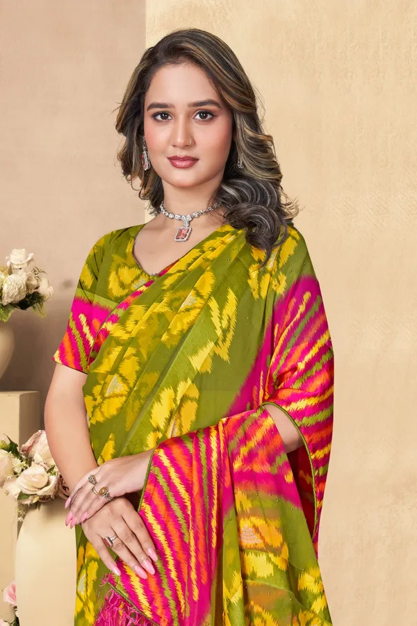 Vibrant_Green_And_Pink_Floral_Printed_Saree_With_Striped_Border