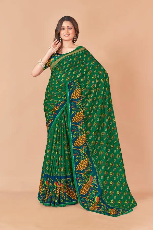 Traditional_Green_Floral_Printed_Saree_With_Peacock_Motif