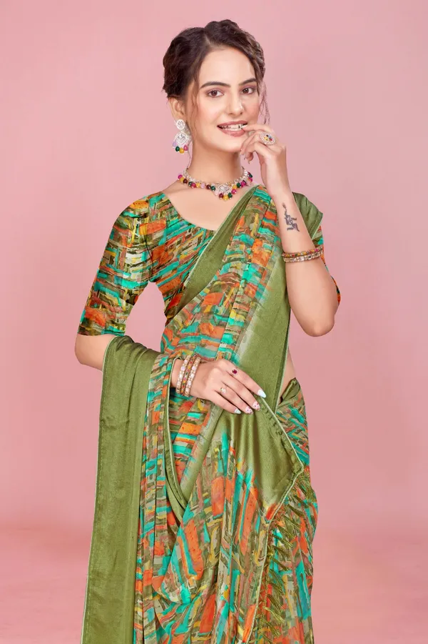 Olive_Green_Printed_Saree_With_Multicolor_Abstract_Print_And_Matching_Blouse