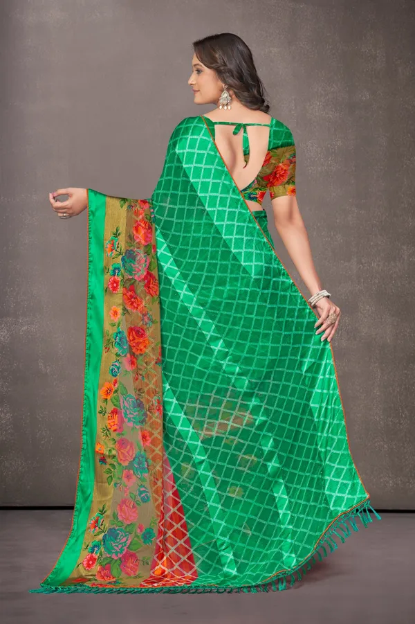 Multicolour_Silk_Saree_With_Floral_Dupatta_And_Checkered_Pattern