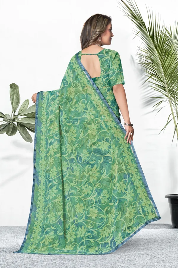 Green_Floral_Printed_Saree_With_Blue_Border