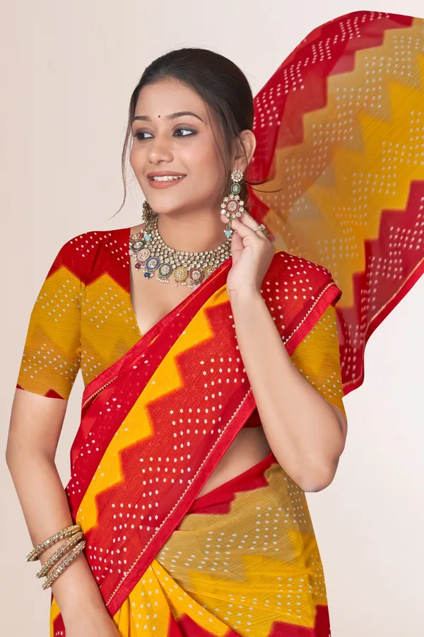 Traditional_Bandhani_Saree_In_Red_And_Yellow_With_Zigzag_Pattern
