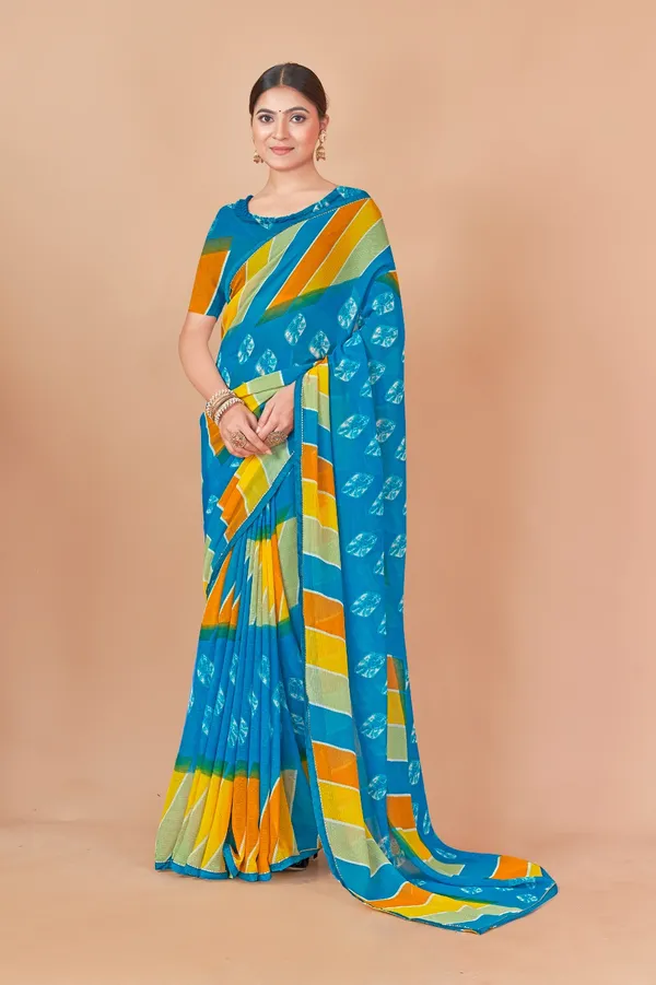Women_Blue_Multicolor_Striped_Saree_With_Geometric_Print