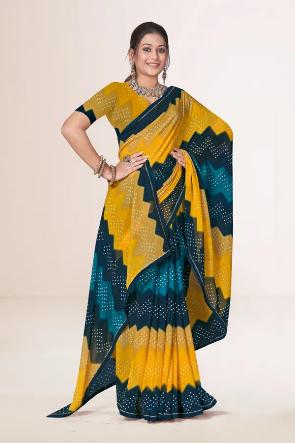 Yellow_And_Teal_Bandhani_Tie_Dye_Saree_With_Blouse_Piece