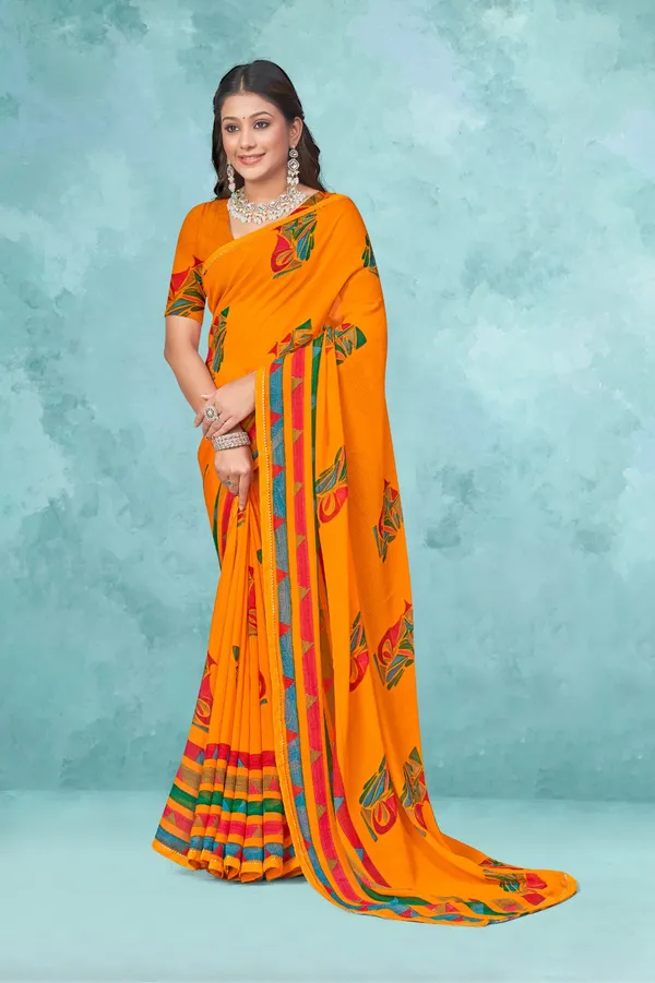 Orange_Printed_Saree_With_Multicolor_Border