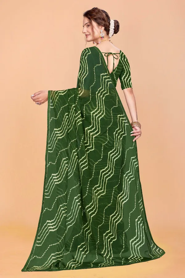 Green_Bandhani_Print_Georgette_Saree_With_Stitched_Blouse