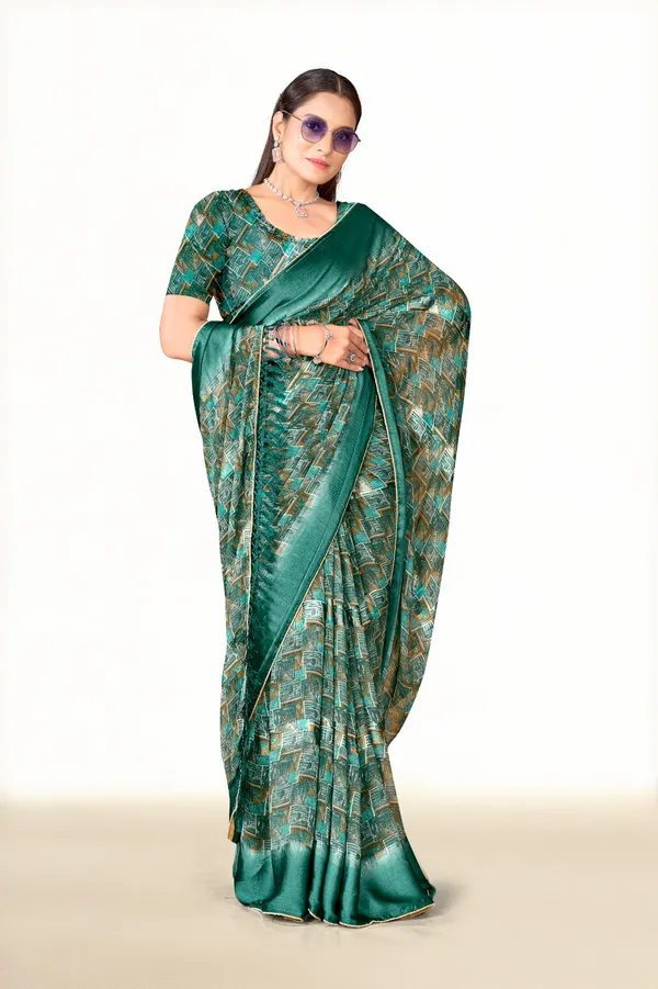 Green_Geometric_Print_Silk_Saree_With_Matching_Blouse