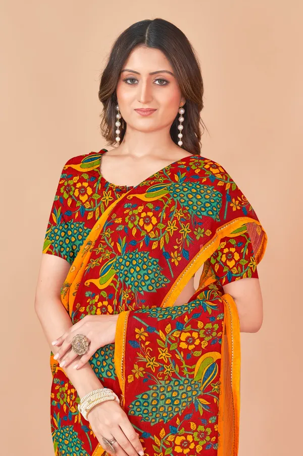 Vibrant_Multicolor_Peacock_Print_Saree_With_Orange_Border