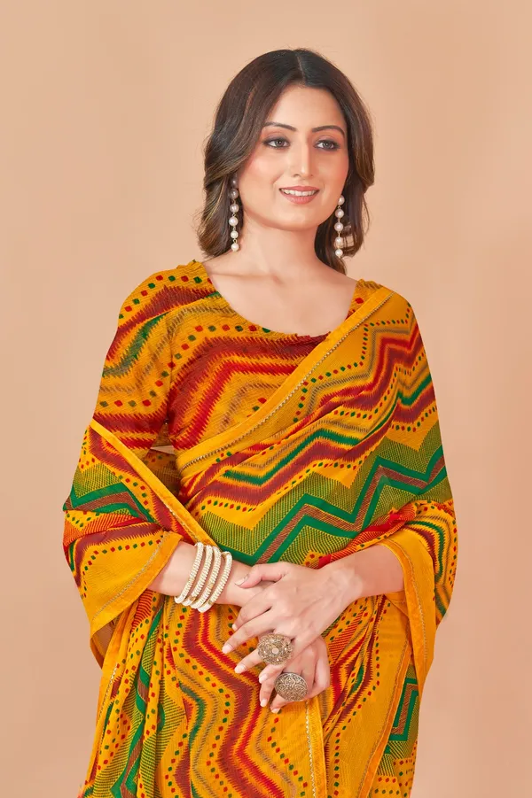 Yellow_Multicolor_Bandhani_Print_Georgette_Saree_With_Blouse