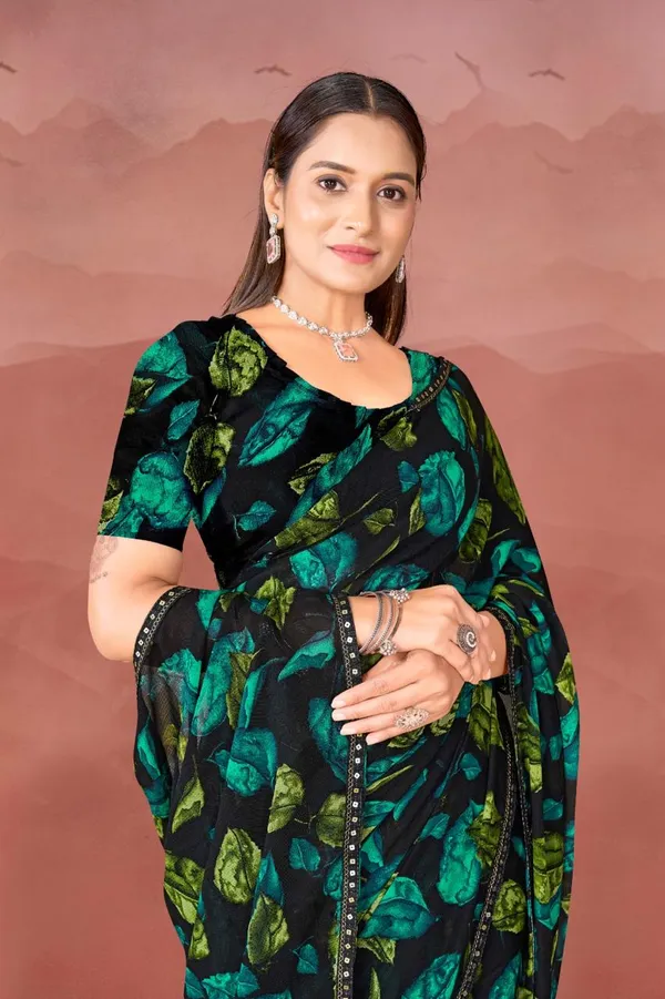 Black_Floral_Print_Georgette_Saree_With_Green_Leaf_Pattern