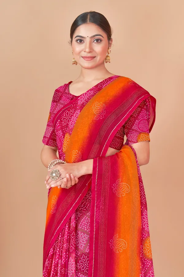 Orange_And_Pink_Bandhani_Print_Saree_With_Blouse