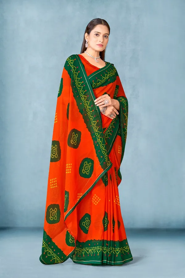 Orange_And_Green_Bandhani_Print_Saree_With_Embellished_Border