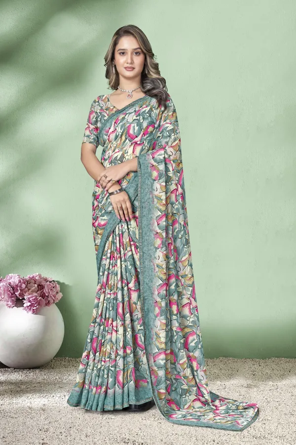 Floral_Printed_Chiffon_Saree_With_Blouse_-_Green_&_Pink