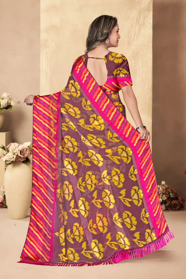 Traditional_Brown_&_Yellow_Printed_Silk_Saree_With_Pink_Border
