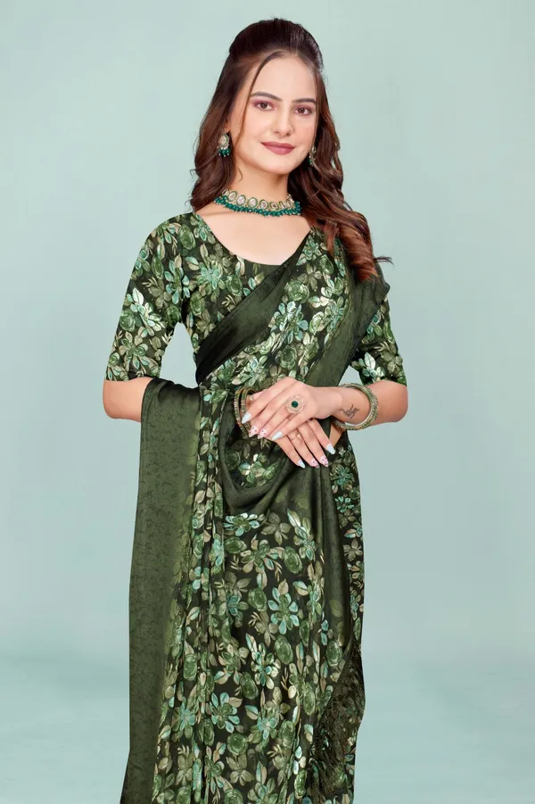 Green_Floral_Print_Saree_With_Matching_Blouse