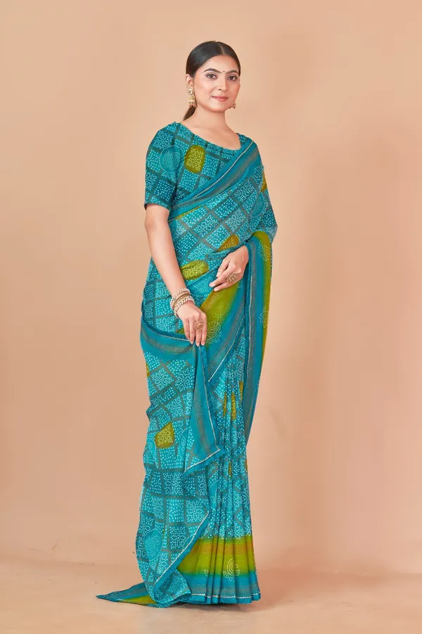 Turquoise_Blue_And_Olive_Green_Bandhani_Print_Saree_With_Border