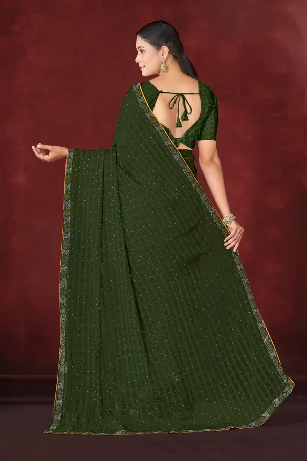 Dark_Green_Sequin_Embellished_Georgette_Saree_With_Golden_Border