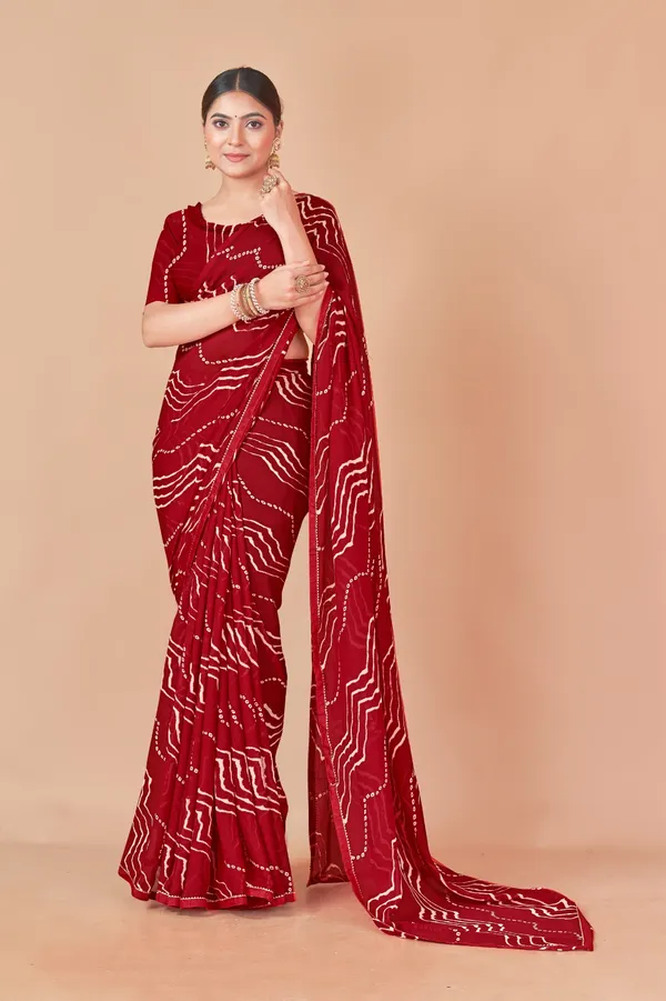 Red_Bandhani_Georgette_Saree_With_Zigzag_Pattern_And_Blouse