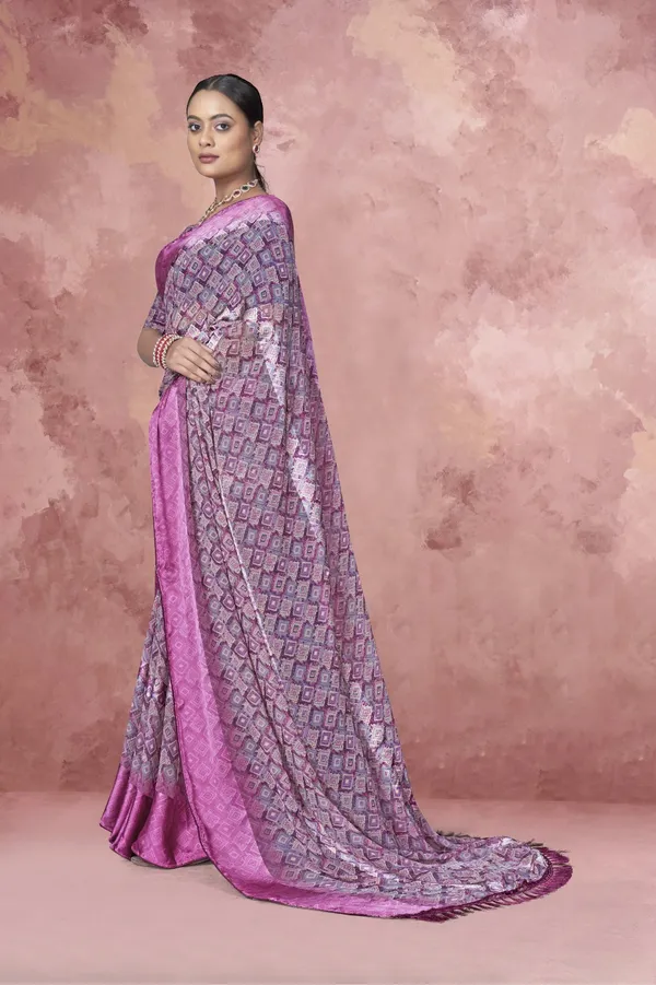 Purple_Silk_Saree_With_Silver_Geometric_Print_And_Matching_Blouse