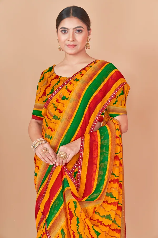 Yellow_Bandhani_Print_Saree_With_Green_And_Red_Border