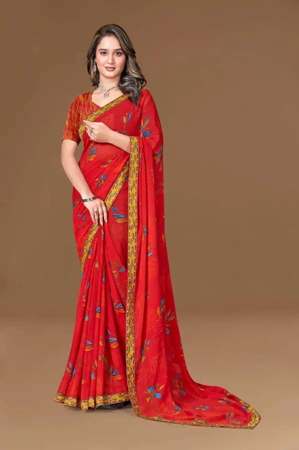 Red_Embroidered_Saree_With_Golden_Border_And_Floral_Motifs