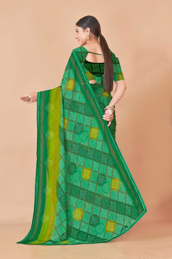 Green_Bandhani_Saree_With_Yellow_Accents_And_Traditional_Tie_Dye_Pattern
