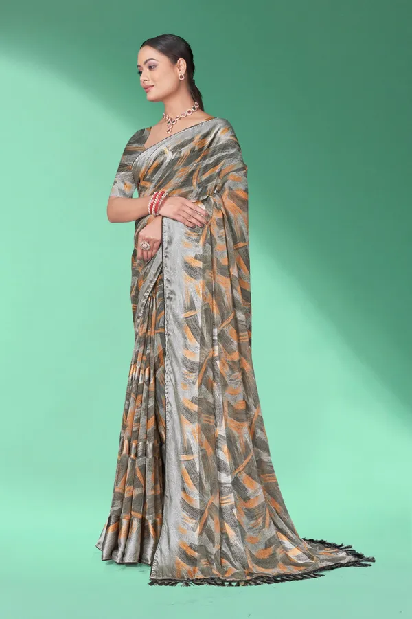 Grey_&_Orange_Printed_Linen_Saree_With_Tassels