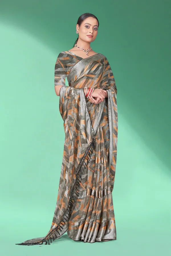 Grey_&_Orange_Printed_Linen_Saree_With_Tassels