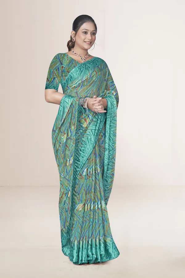 Turquoise_Printed_Saree_With_Matching_Blouse