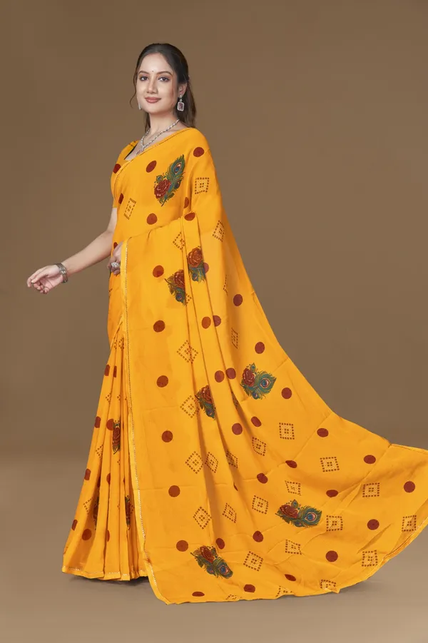 Yellow_Bandhani_Saree_With_Floral_Embroidery_And_Maroon_Polka_Dots