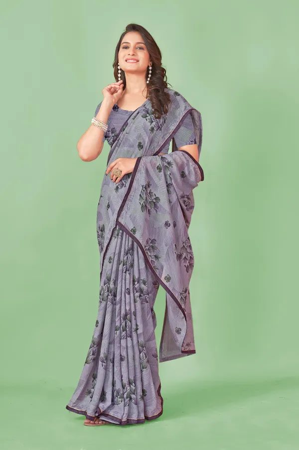 Grey_Floral_Print_Saree_With_Purple_Border