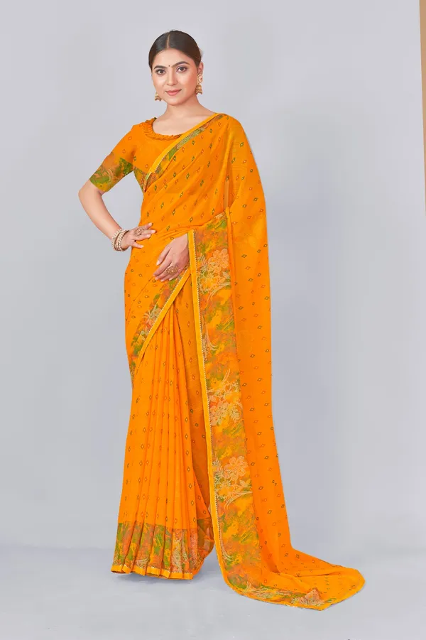 Vibrant_Orange_Saree_With_Green_Floral_Border_And_Embellished_Blouse