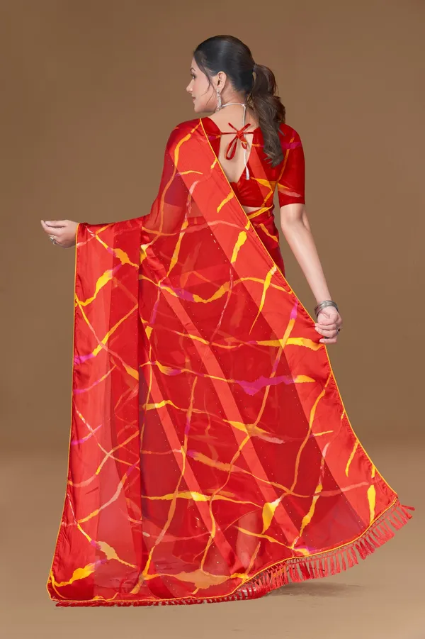 Red_Geometric_Print_Saree_With_Yellow_Accents_And_Tassel_Border