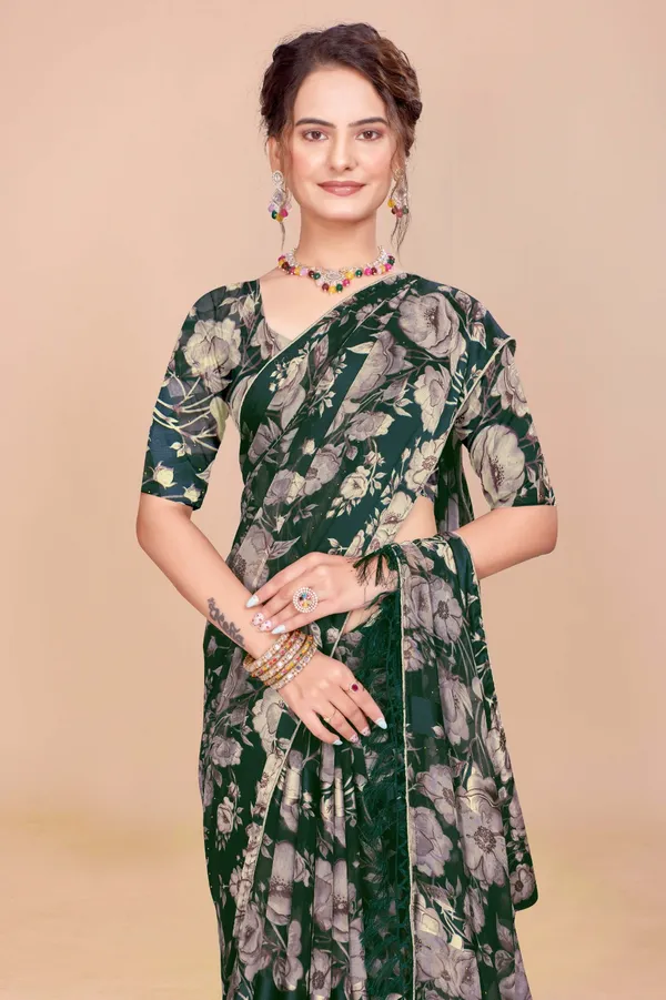 Dark_Green_Floral_Print_Saree_For_Women